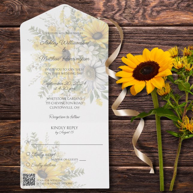 Invitation Tout En Un Fleurs de soleil et marguerites douces avec code Q (Créateur téléchargé)