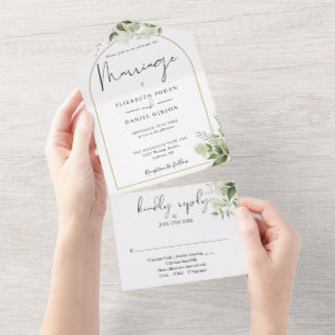 Invitation Tout En Un Fleurs de verdure Arc doré Mariage Noces 