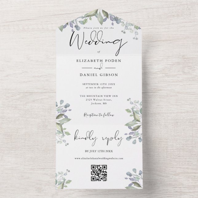 Invitation Tout En Un Fleurs de verdure Écriture élégante Code QR Mariag (À l'intérieur)