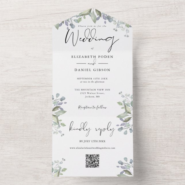 Invitation Tout En Un Fleurs de verdure Écriture élégante Code QR Mariag (À l'intérieur)