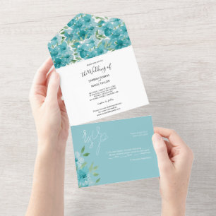 Invitation Tout En Un Fleurs d'eau élégantes bleues aquarelle