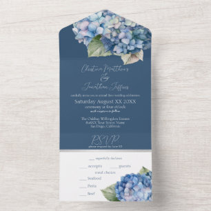 Invitation Tout En Un Fleurs d'hortensia à l'aquarelle bleue romantique 