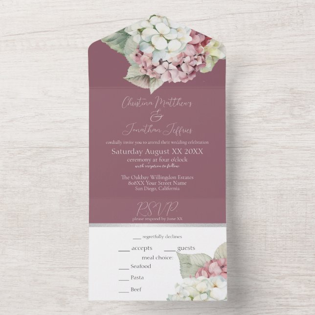 Invitation Tout En Un Fleurs d'hortensia à l'aquarelle rose et blanc sur (À l'intérieur)