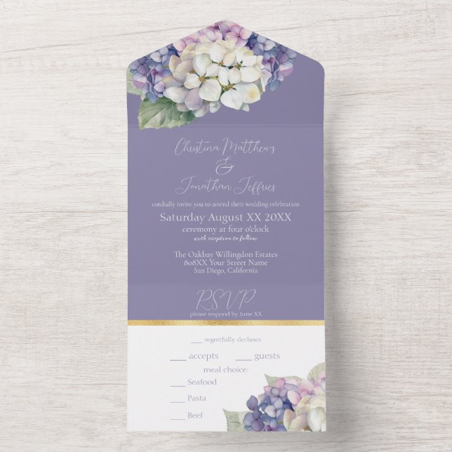 Invitation Tout En Un Fleurs d'hortensia violettes et blanches sur lavan (À l'intérieur)