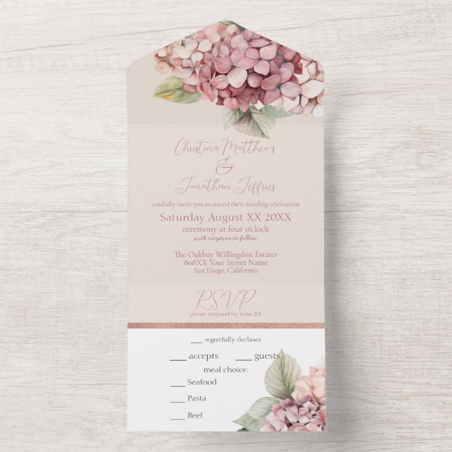 Invitation Tout En Un Fleurs d'hydrangea à l'aquarelle rose romantique e (À l'intérieur)