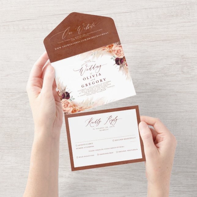 Invitation Tout En Un Fleurs en terre cuite et Mariage exotique en laito (Déchirure)