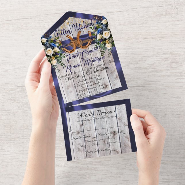 Invitation Tout En Un Fleurs et fer à cheval, Ruban bleu (Déchirure)