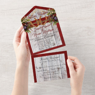 Invitation Tout En Un Fleurs et fer à cheval, Ruban rouge