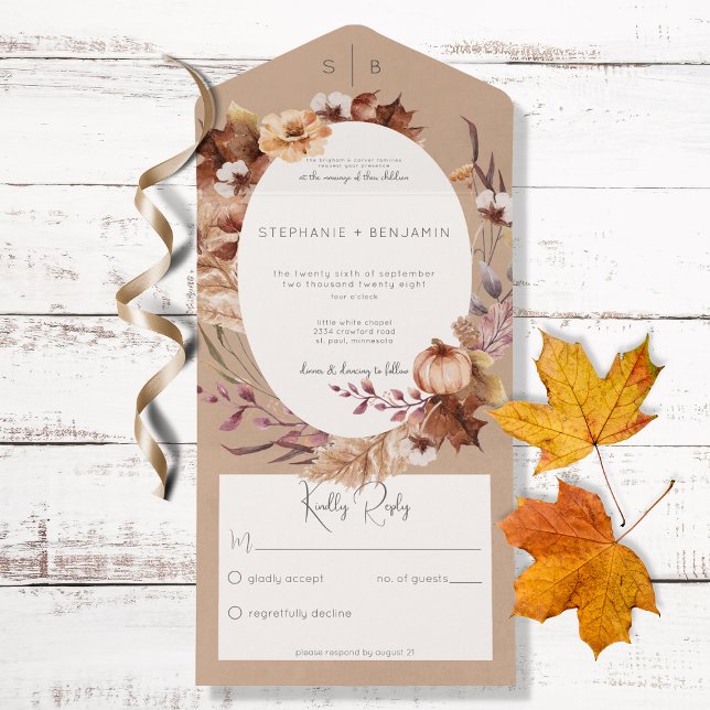 Invitation Tout En Un Fleurs et feuilles d'automne Brun Rustique Pas de  (Créateur téléchargé)