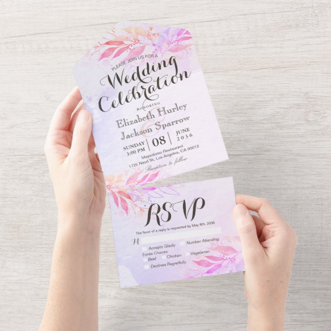 Invitation Tout En Un Fleurs Feuilles d'aquarelle Mariage botanique RSVP (Déchirure)