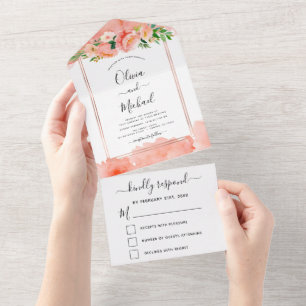 Invitation Tout En Un Fleurs florales de pêche de corail mariage RSVP