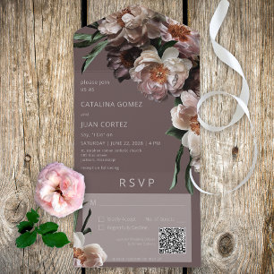 Invitation Tout En Un Fleurs foncées modernes Code QR Brown
