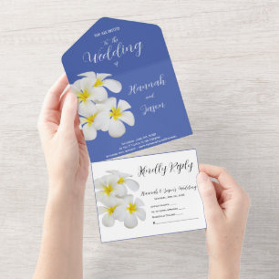 Invitation Tout En Un Fleurs frangipanières blanches, en bleu, Mariage f