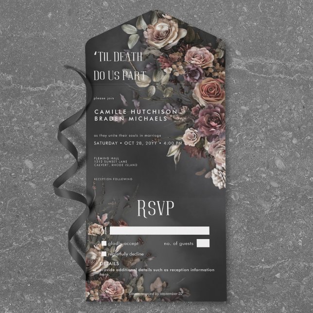 Invitation Tout En Un Fleurs gothiques Moody Noir Mist Pas De Dîner Déta (Black Moody Gothic Flowers Mist No Dinner Details All In One Invitation)