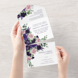 Invitation Tout En Un Fleurs luxuriantes   Mariage floral pourpre et ros
