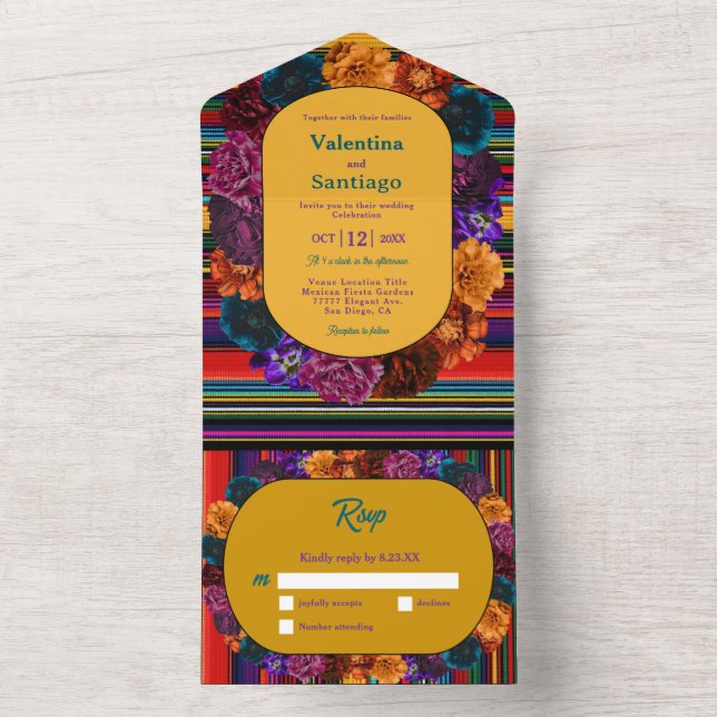 Invitation Tout En Un Fleurs mexicaines modernes mariage jaune (À l'intérieur)