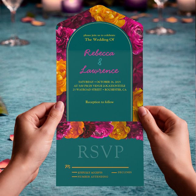 Invitation Tout En Un Fleurs modernes rose vert jaune (Créateur téléchargé)