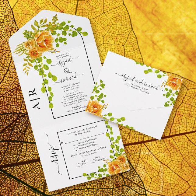 Invitation Tout En Un Fleurs orange, arche et monogramme mariage de auto (Créateur téléchargé)
