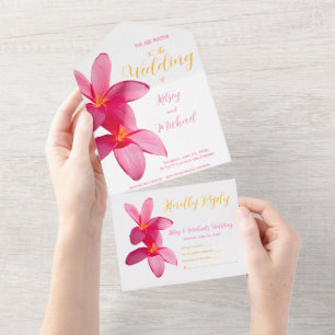 Invitation Tout En Un Fleurs Plumeria rose, Tropical, Mariage Floral