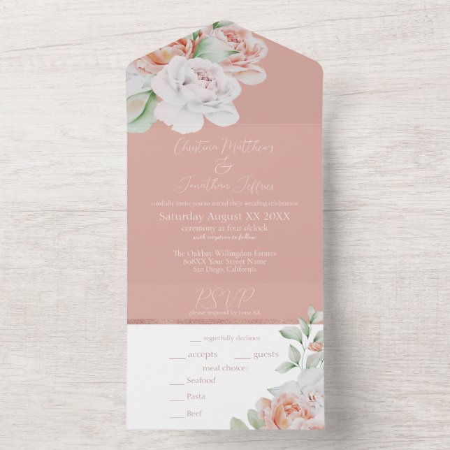 Invitation Tout En Un Fleurs Romantiques de Pêche et de Blanc (À l'intérieur)