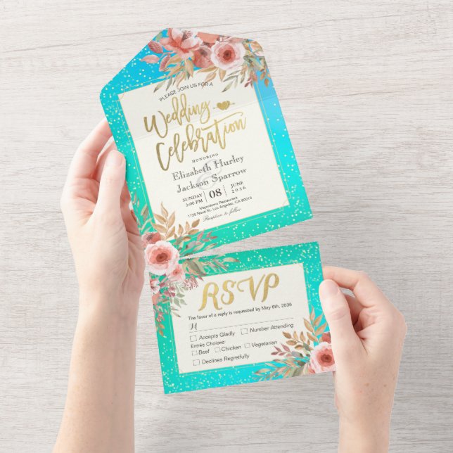 Invitation Tout En Un Fleurs roses Bleu Vert Or Confetti Mariage RSVP (Déchirure)