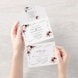 Invitation Tout En Un Fleurs Roses Bourgogne Cadre Doré Mariage