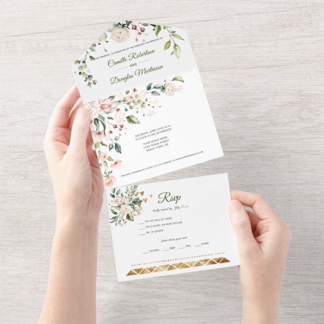 Invitation Tout En Un Fleurs roses et blanches avec accents dorés | (Déchirure)