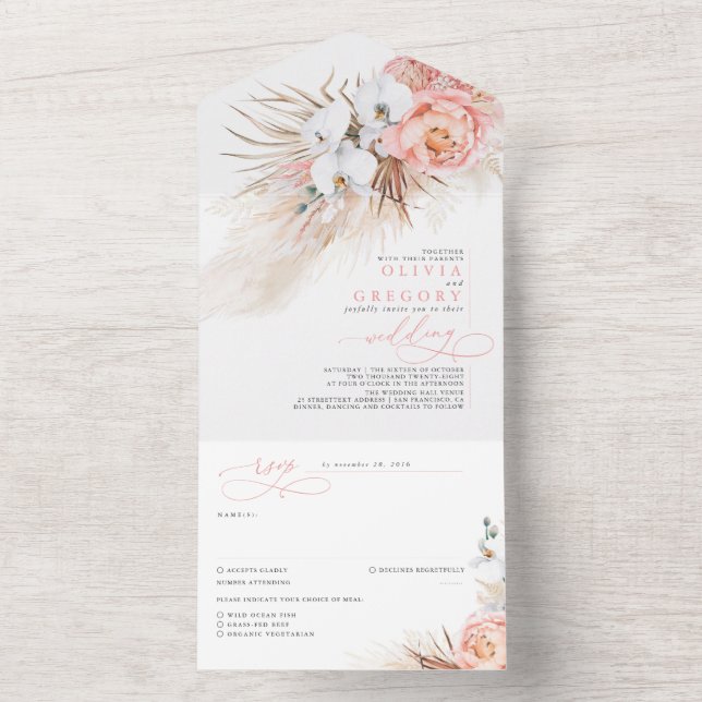 Invitation Tout En Un Fleurs roses et Pampas Grass Mariage exotique (À l'intérieur)