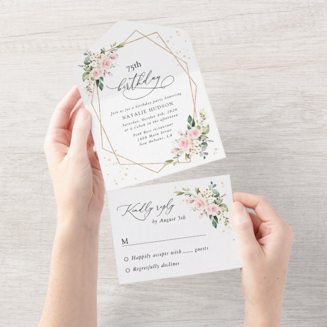 Invitation Tout En Un Fleurs roses, Fleurs blanches, Verdure, Anniversai (Déchirure)