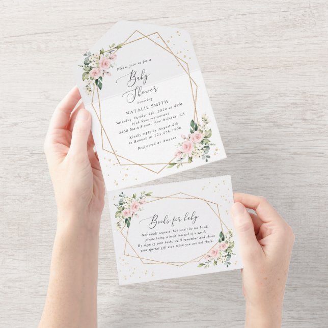 Invitation Tout En Un Fleurs roses, Fleurs blanches, Verdure, Baby Showe (Déchirure)