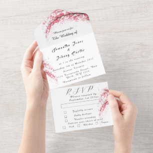 Invitation Tout En Un Fleurs roses japonaises en fleurs de cerises rusti