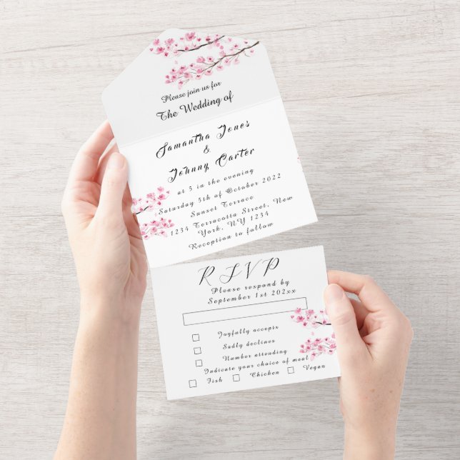 Invitation Tout En Un Fleurs roses japonaises en fleurs de cerises rusti (Déchirure)