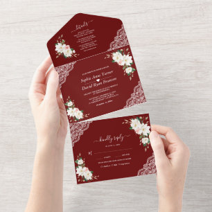 Invitation Tout En Un Fleurs roses Magnolia Blanches Mariage Bourgogne