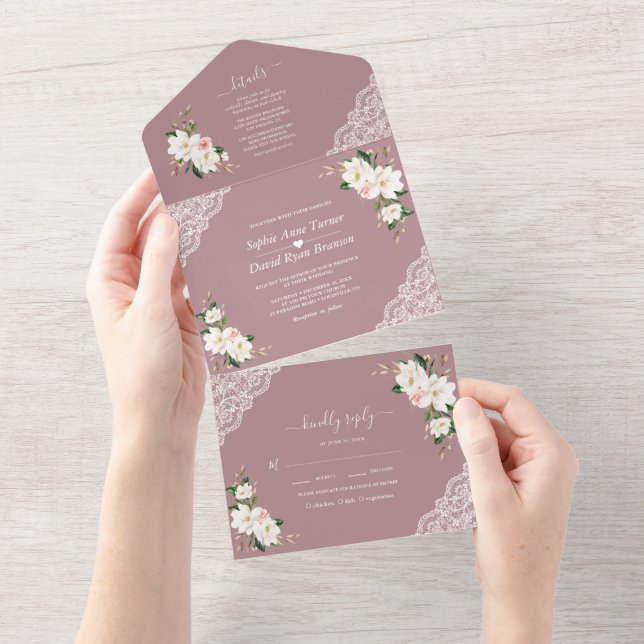 Invitation Tout En Un Fleurs roses Magnolia Blanches Mariage Rose (Déchirure)