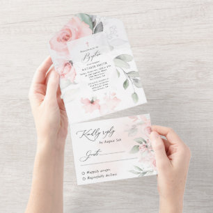 Invitation Tout En Un Fleurs roses pâles, verdure, Boho, baptême floral