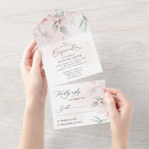Invitation Tout En Un Fleurs roses pâles, verdure, confirmation florale