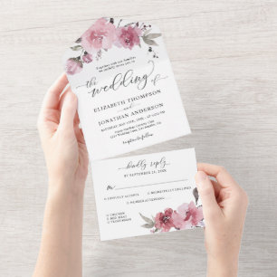 Invitation Tout En Un Fleurs Roses poussiéreuses Blush rose rose rose ma
