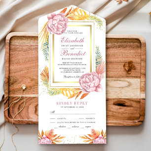 Invitation Tout En Un Fleurs roses poussiéreuses et feuilles de palmier
