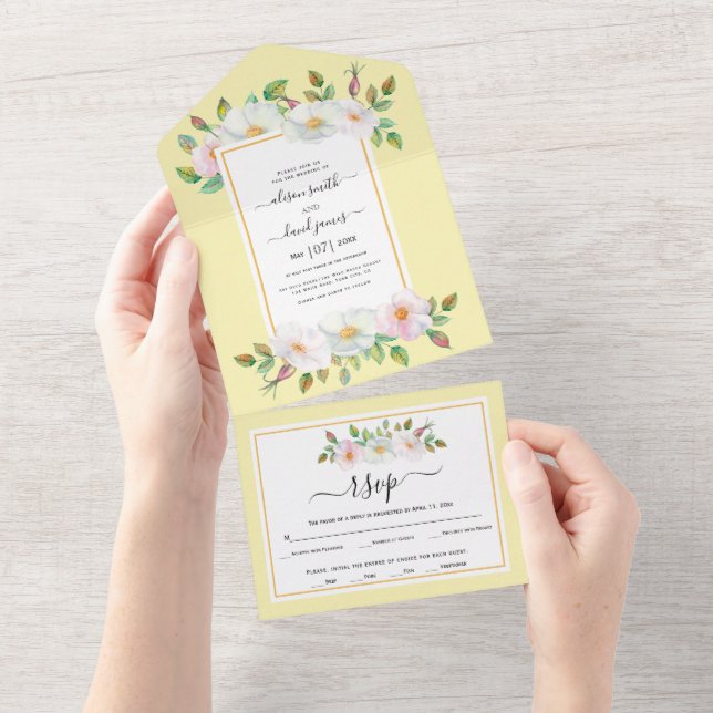 Invitation Tout En Un Fleurs roses sauvages beurre mariage fleuri jaune (Déchirure)