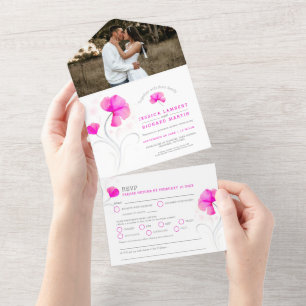 Invitation Tout En Un Fleurs roses tourbillon gris photo de mariage à l'