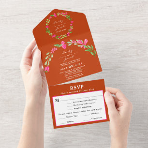 Invitation Tout En Un Fleurs roses verdure orange rouge élégant mariage