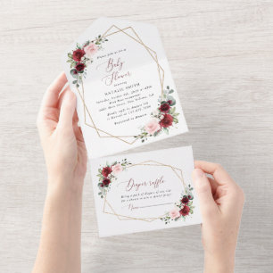 Invitation Tout En Un Fleurs Rouges Bourgogne, Fleurs Roses, Baby shower