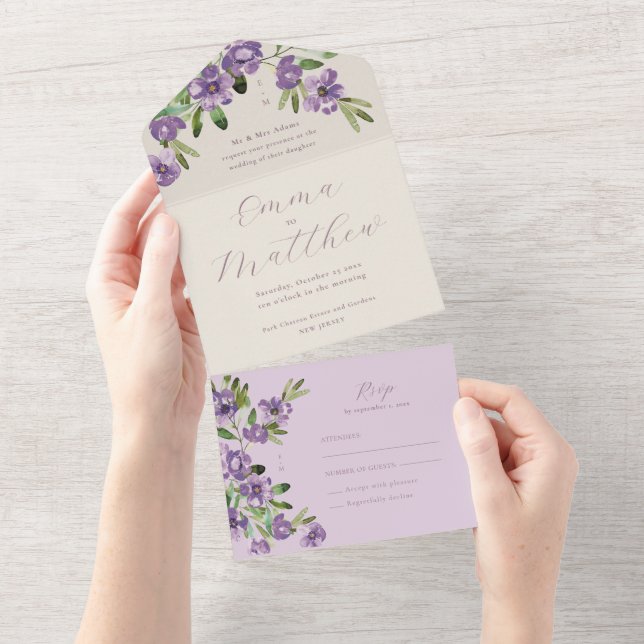 Invitation Tout En Un Fleurs Rustiques Aquarelle Mariage Violet (Déchirure)
