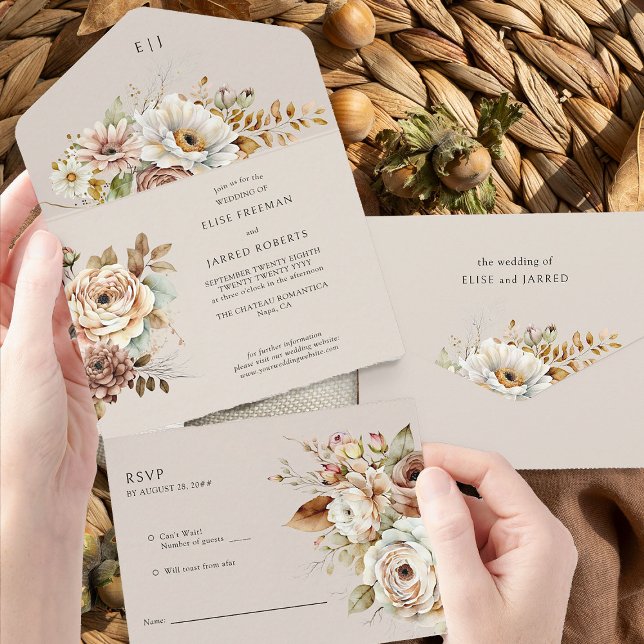 Invitation Tout En Un Fleurs Rustiques Florales Mariage Automne Pays (Wedding Invitation with RSVP from Rustic Floral Brown Neutral Wedding Collection by Darling & May)