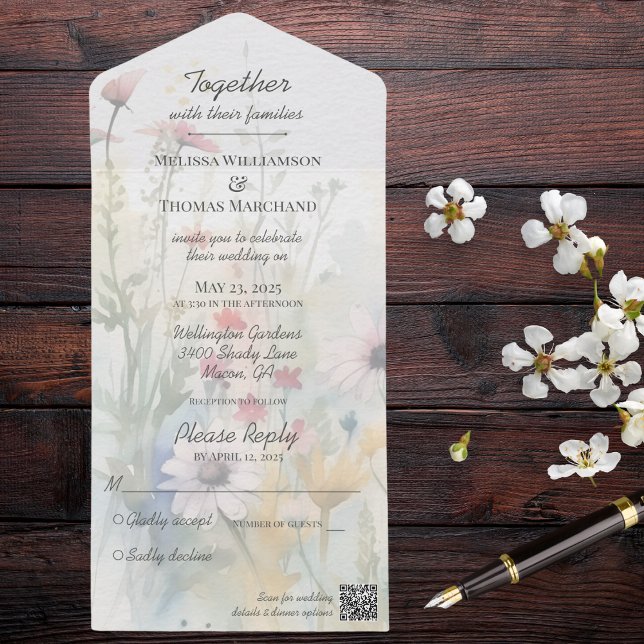 Invitation Tout En Un Fleurs sauvages aquarelle de printemps avec code Q (Créateur téléchargé)