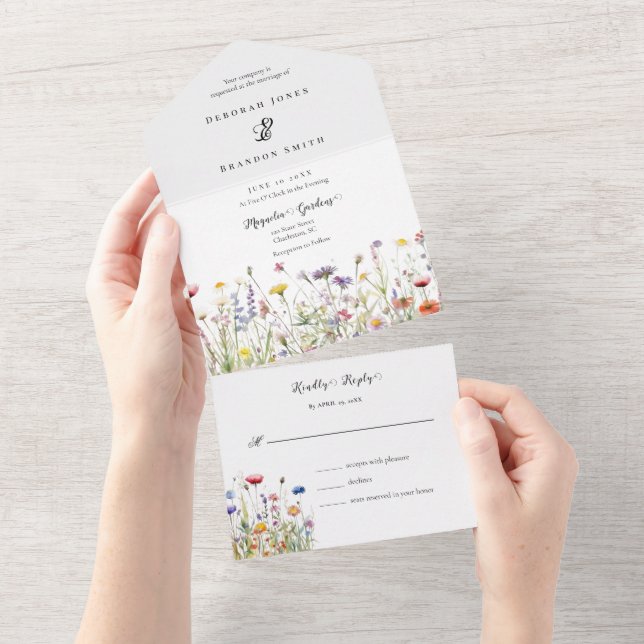 Invitation Tout En Un Fleurs sauvages aquarelle Fleurir Mariage de print (Déchirure)