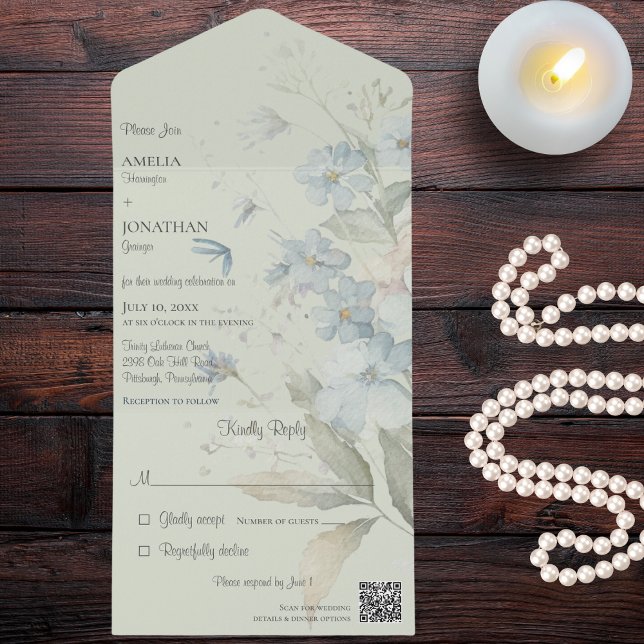 Invitation Tout En Un Fleurs sauvages bleus sur Sage Green QR Code (Also available without QR code. )