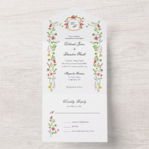 Invitation Tout En Un Fleurs sauvages de monogramme Jardin Aquarelle
