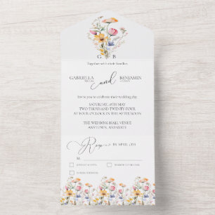 Invitation Tout En Un Fleurs sauvages de prairie à l'aquarelle Mariage s