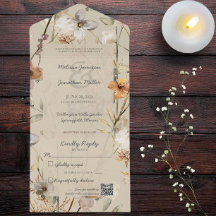 Invitation Tout En Un Fleurs sauvages en beige avec code QR